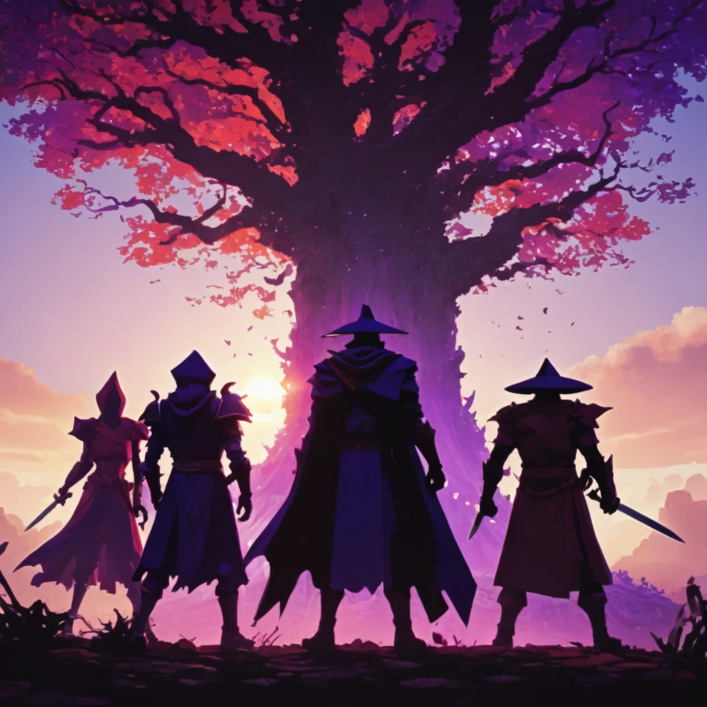 action movie shot, four heroes from the back, red knight, black mage, white healer, purple assassin, cartoonish pixel style, no face details, large tree in the background, dynamic poses, intense atmosphere, vibrant colors, sunset colors, dramatic lighting, [heroic silhouettes], [adventurous setting], [epic backdrop], [action-packed scene], [strong composition]