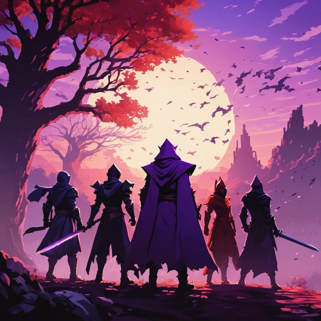 action movie shot, four heroes from the back, red knight, black mage, white healer, purple assassin, cartoonish pixel style, no face details, large tree in the background, dynamic poses, intense atmosphere, vibrant colors, sunset colors, dramatic lighting, [heroic silhouettes], [adventurous setting], [epic backdrop], [action-packed scene], [strong composition]