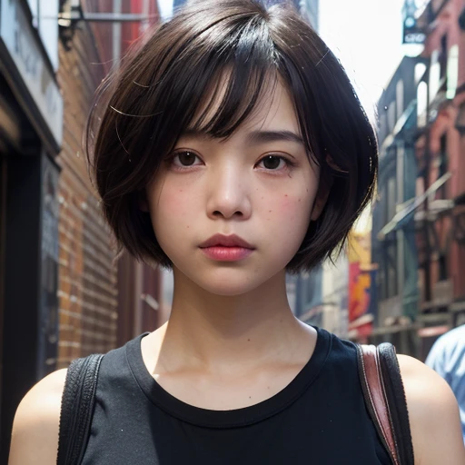 (((Face close-up)))、(((short hair)))、(((She is photographed with the backdrop of a New York alleyway))、(Troubled face)、、1 girl、Independent、I&#39;looking forward to it、Natural Makeup、Brown Hair Color、flat 、、Quality of actress、Shiny, Ultra-realistic faces、smile、Watery eye、look up、Subtle lighting effects、 Ultra-Realistic Capture、Very detailed、High resolution 16K human skin closeup。Skin texture must be natural.、skin is healthy、Even Tone、Use natural light and color、worn out, High quality photos taken by modeling agencies&#39;In-house photographer.、smile、(((Sigma 300mm F/1.4,1/1000 sec shutter,ISO400)))、The background is F-stop 1....4 is blurry