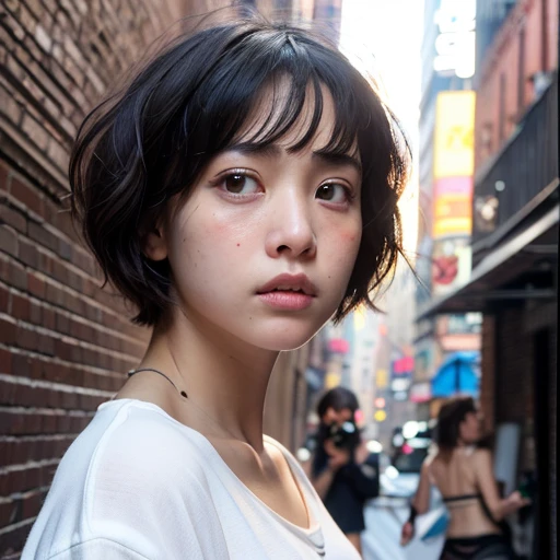 (((Face close-up)))、(((short hair)))、(((She is photographed with the backdrop of a New York alleyway))、(Troubled face)、、1 girl、Independent、I&#39;looking forward to it、Natural Makeup、Brown Hair Color、flat 、、Quality of actress、Shiny, Ultra-realistic faces、smile、Watery eye、look up、Subtle lighting effects、 Ultra-Realistic Capture、Very detailed、High resolution 16K human skin closeup。Skin texture must be natural.、skin is healthy、Even Tone、Use natural light and color、worn out, High quality photos taken by modeling agencies&#39;In-house photographer.、smile、(((Sigma 300mm F/1.4,1/1000 sec shutter,ISO400)))、The background is F-stop 1....4 is blurry