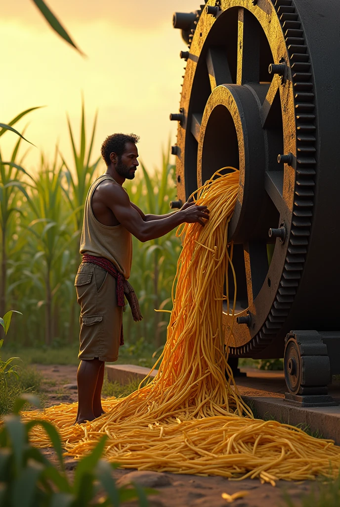 Piruli puts one sugar cane after another into the mill