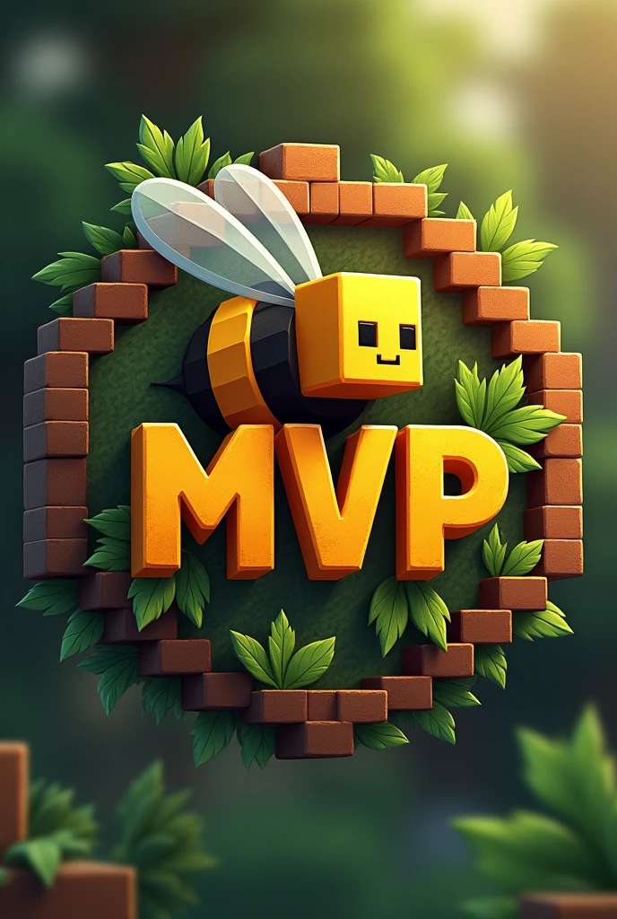 A emblem written "MVP'', with orange-yellow color minecraft theme with a minecraft bee