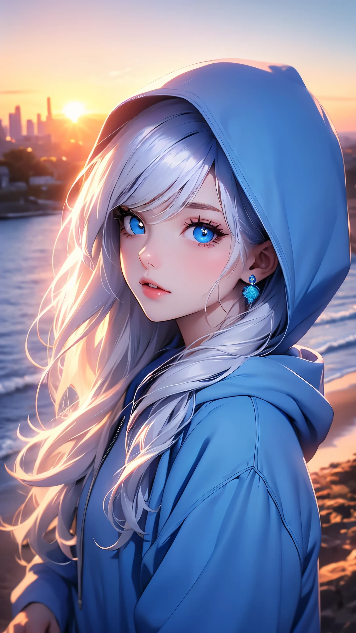 a girl with beautiful blue eyes, white hair, wearing a blue hoodie with the hood down, a single earring or piece of jewelry, looking directly at the viewer, upper body shot, against a sunset background