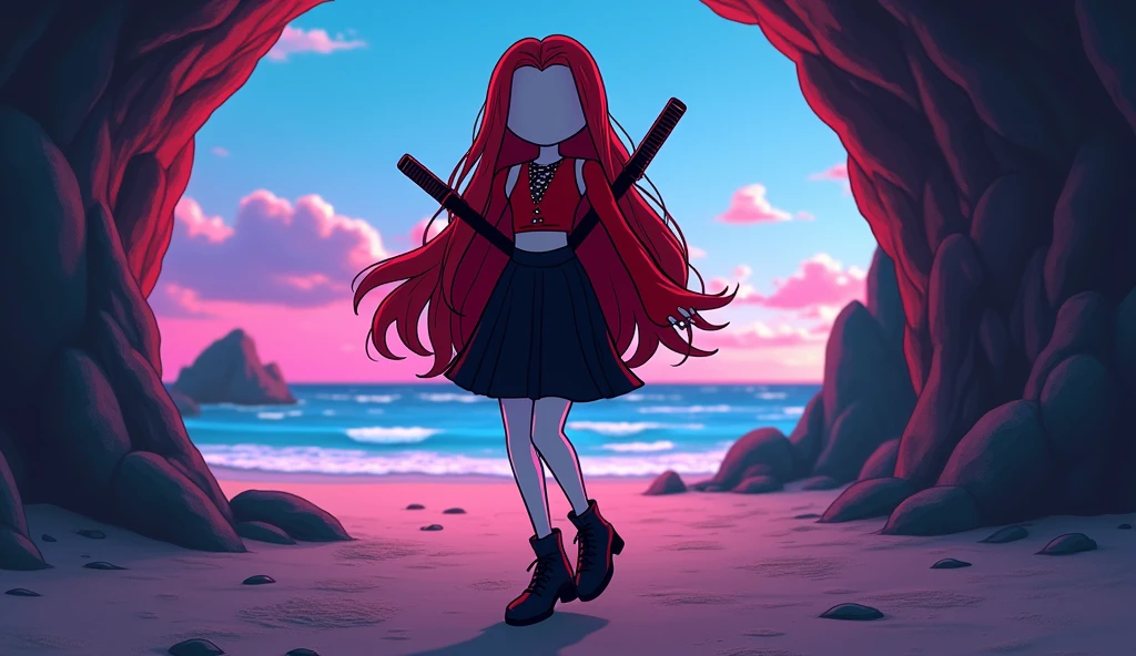 Beautiful tall square Roblox female doll, with long red hair, gothic clothes and red shirt with two katanas on the back and no lips, white skin, no mouth and beautiful body, dancing in a cave, cartoon, Vice City GTA, background of a beach in a cave