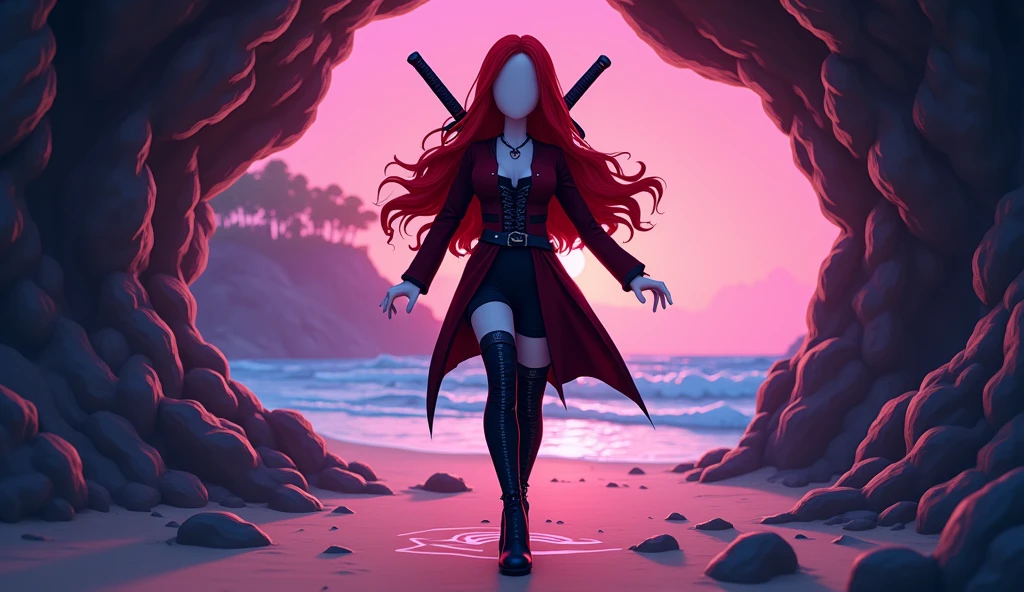 Beautiful tall square Roblox female doll, with long red hair, gothic clothes and red shirt with two katanas on the back and no lips, white skin, no mouth and beautiful body, dancing in a cave, cartoon, Vice City GTA, background of a beach in a cave