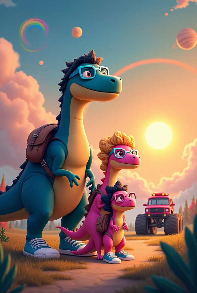Father dinosaurs high, Bblack hair, Wearing blue glasses, wearing sneakers, gray backpack. Tall beautiful pink dinosaur mother, long curly blonde hair, Wearing Pink Glasses, turned legs, wearing sneakers, black backpack. Pink Dinosaur Daughter, Wearing Pink Glasses, long black curly hair, wearing sneakers, pink backpack. Bright orange sun in the sky, very beautiful rainbow, medium moon and Jupiter. Monster truck car behind and trail landscape. Disney style.