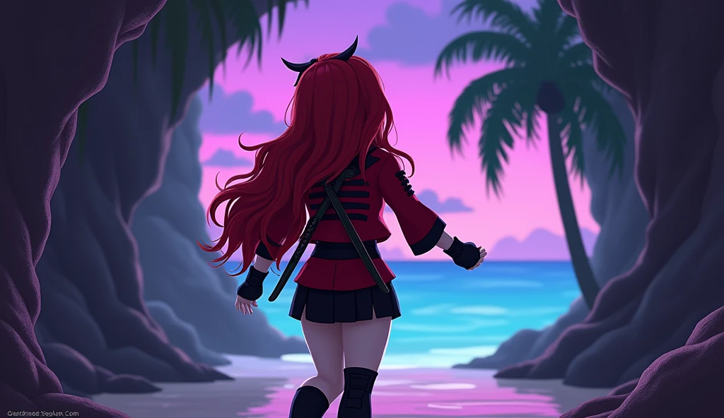 Beautiful tall square Roblox female doll, with long red hair, gothic clothes and red shirt with two katanas on the back and no lips, white skin, no mouth and beautiful body, dancing in a cave, cartoon, Vice City GTA, background of a beach in a cave