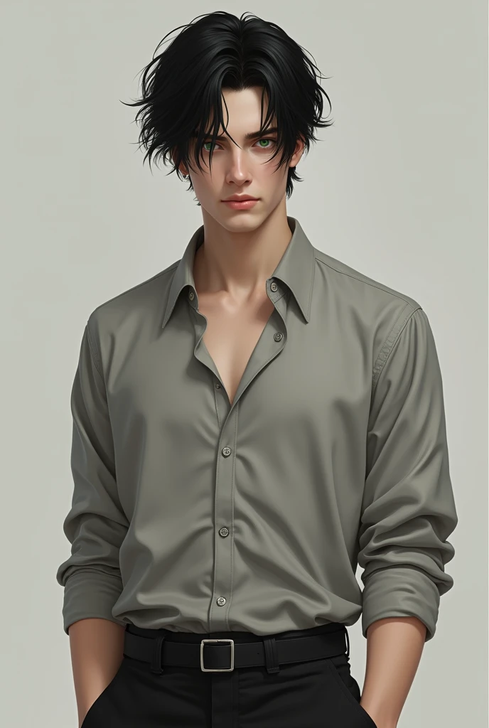 Create a man with the characteristics, most normal:
make it realistic, and it shows how it is, not so old, about 20 years old...
hair: Jet black, straight and slightly messy.
eyes: Intense greens, with an air of mystery.
face: attractive, with well-defined features and a serene expression.
outfit: Neutral tone shirt (like gray or white) and dark pants, with a minimalist and elegant style.
Posture: Upright and confident, but with a relaxed air.