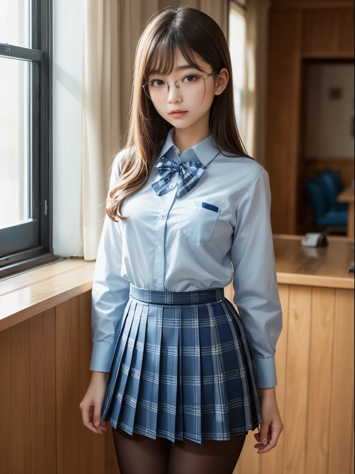 (8k、生photograph、 Highest quality、masterpiece:1.2)、(Small eyes)、((Black Pantyhose))、((Small breasts)、(Small breasts)、(Small breasts)、(Cutting board)、(Half an eye))、((Sleepy eyes))、((Squint your eyes))、(Round Glasses)、Droopy eyes、One person、cute、JK、high school girl、Japanese women、(Are standing)、(PhotoReactive:1.37)、Photon Mapping、Real、(Very delicate face)、round face、cute小さな顔、Brown eyes、(Red bow tie)、Radio City、Physically Based Rendering、Prospect、Character boundary depth、Blurred Background、photograph、、body、Beautiful feet、Long legs、Thin legs、(前hairが見える)、hair、lips、Blue_The目、Soft Nose、(Light blue shirt)、(Navy, blue and white plaid pleated skirt)、High school uniforms、See-through clothing、Thighs、black cotton socks、Nogizaka Idol、Japanese Idol