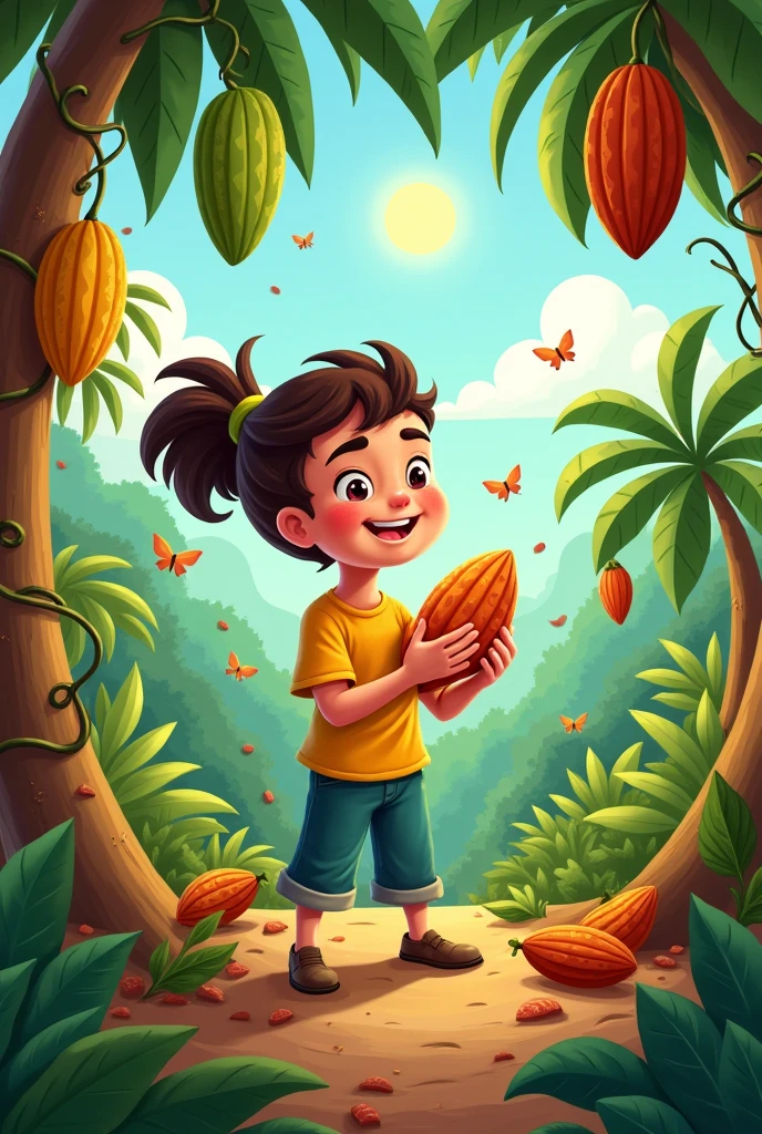 Make a cartoon image of a person removing cocoa beans