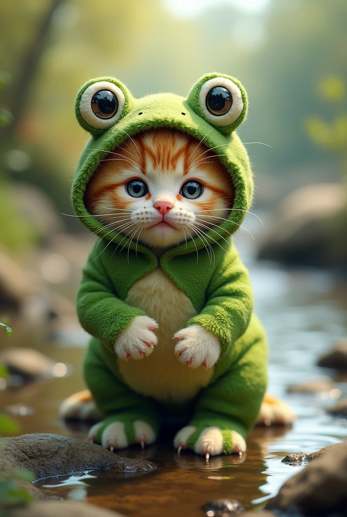 kitten　cute　Frog costume　Riverbank background　Real