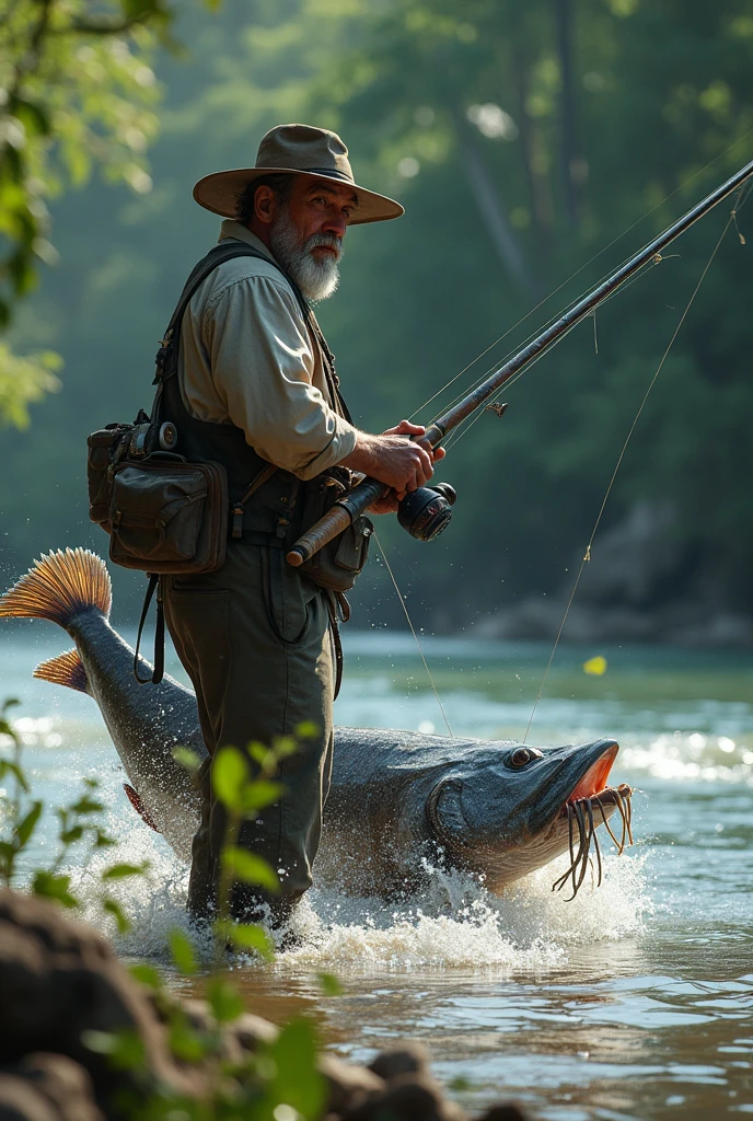 fisherman with a fish on the line the fish and a piraiba