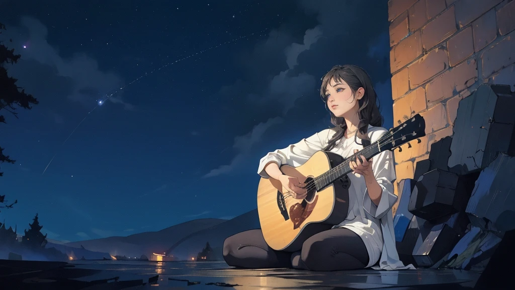 masterpiece,night,(dark alley),star、Night evening Sky、milky way、octone、
(1. Female), (solo), Knee hugging sitting，acousticguitar
