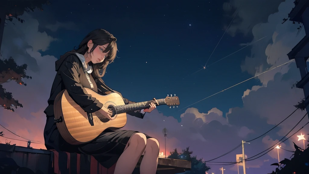 masterpiece,night,(dark alley),star、Night evening Sky、milky way、octone、
(1. Female), (solo), Knee hugging sitting,acousticguitar