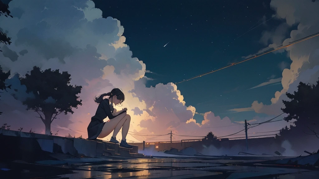 masterpiece,night,(dark alley),star、Night evening Sky、milky way、octone、
(1. Female), (solo), Knee hugging sitting,acousticguitar