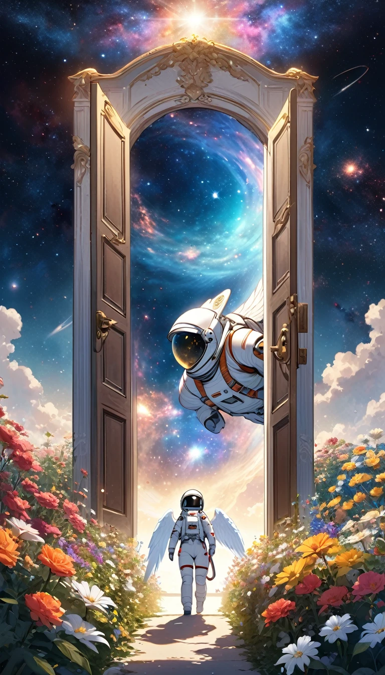Giant door held by a giant woman with a helmet and angel wings with golden eyes with a nebula in the background arriving at a flower garden, an astronaut coming out of the door looking up with a helmet on 