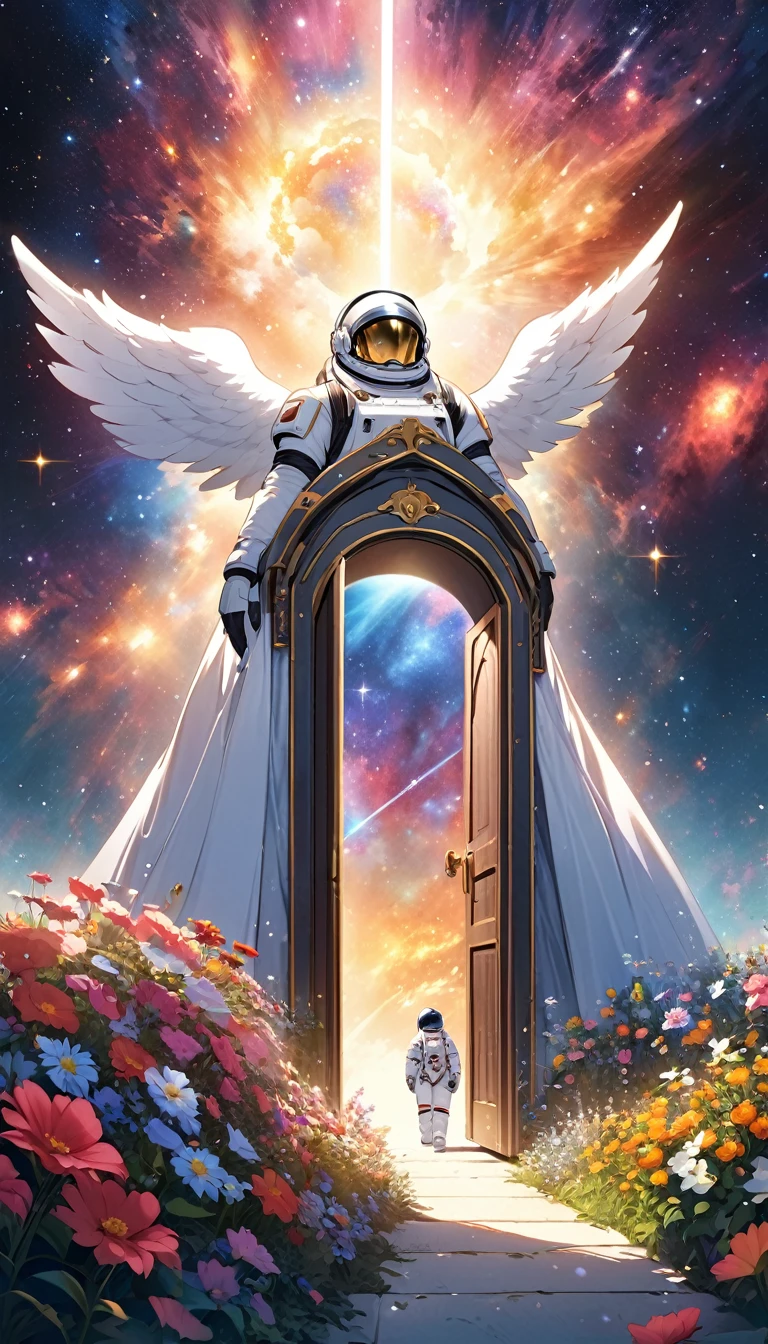 Giant door held by a giant woman with a helmet and angel wings with golden eyes with a nebula in the background arriving at a flower garden, an astronaut coming out of the door looking up with a helmet on