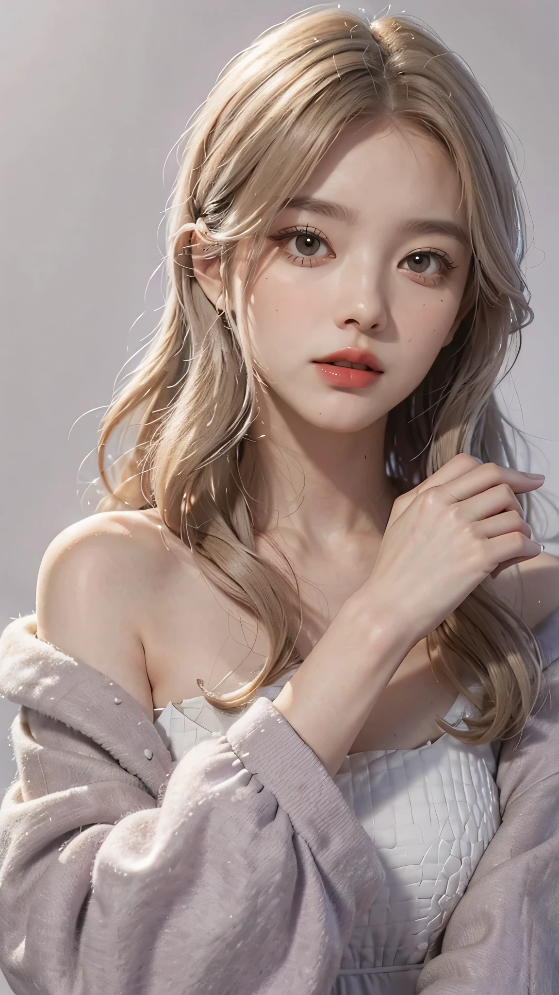 Girl wearing, luxury lavender coat, shoulder length hair, wavy hair, glowing skin, star in eye, red lips, grey background, cute poses , upper body, light blonde hair.