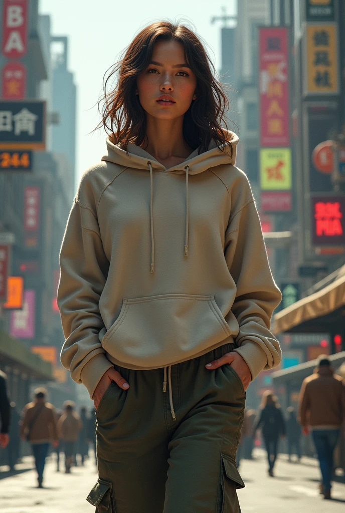 A woman wearing a hoodie and cargo pants in a street