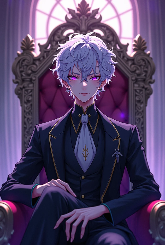 Anime, handsome youth, curly silver hair, mesmerising amethyst eyes, male idol, left ear piercing in form of a cross, noble bearing, demon ascendance, sitting on a throne