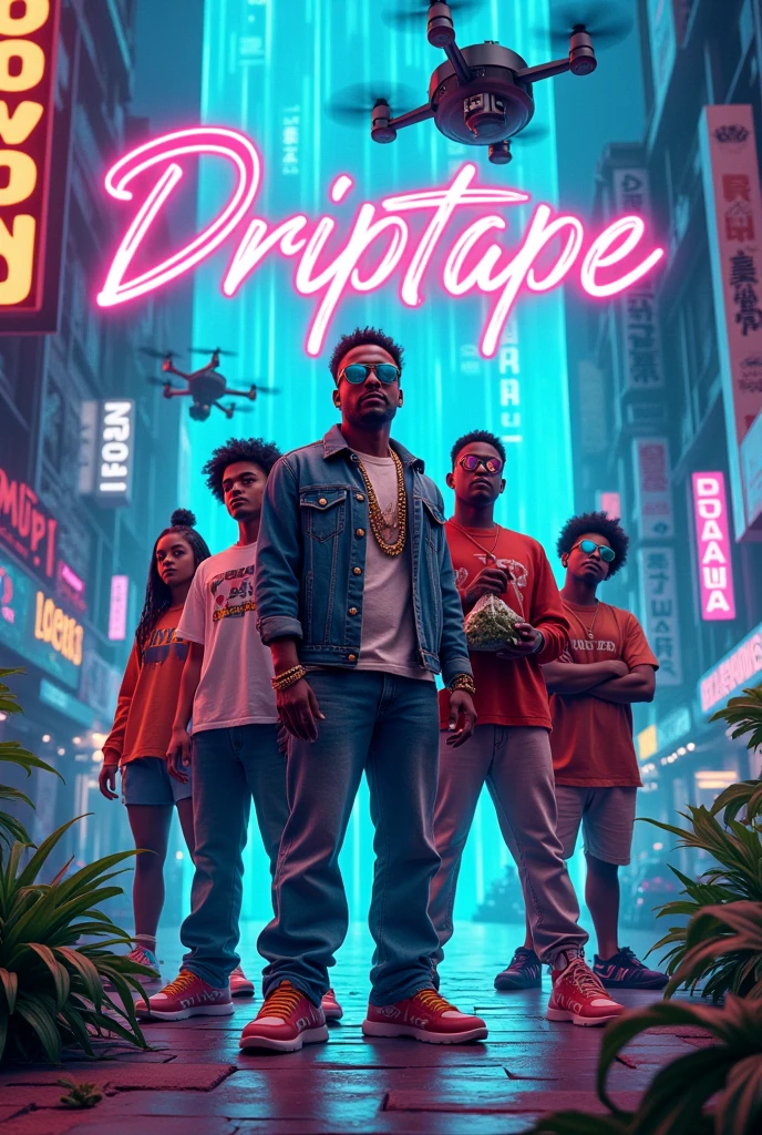 Design a 3d book cover fort the book dripetape.                                                                                                                                                        Book cover for Driptape:

A neon-lit cityscape with 90s-style graffiti adorns the background. In the foreground, a group of friends from the 90s East Oakland dope boy era pose confidently, surrounded by futuristic gadgets and lush greenery. The leader, dressed in a bold gold chain and oversized denim jacket, holds a bag full of stolen cannabis like a trophy. His crew, sporting retro-style sunglasses and chunky sneakers, stand shoulder-to-shoulder behind him.  The scene should have Four african american males and Two african american females, all dressed in fresh east oakland dope boy attire with a futuristic twist.

The city's towering skyscrapers are adorned with holographic advertisements and surveillance drones hover above, casting an air of paranoia. The group's adventure is captured in a split-second snapshot: they're on the run from the Grey State Nation's authorities, with surveillance drones chasing them down the street. In the distance, the imposing Ice Wall looms, symbolizing their next adventure.

In the top-left corner, the title Driptape is emblazoned in bold, graffiti-style letters, while the tagline High-stakes, high-tech, and higher than the rest appears below. The cover art blends futuristic and retro elements, reflecting the story's unique blend of cannabis culture, technological advancements, and 90s nostalgia.