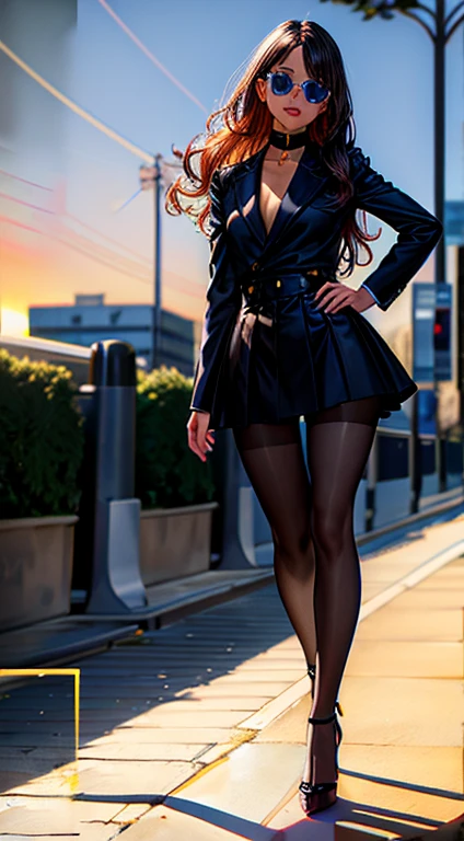 Cameron Díaz, very tiny miniskirt, black pantyhose, high heels, sun shiny day
