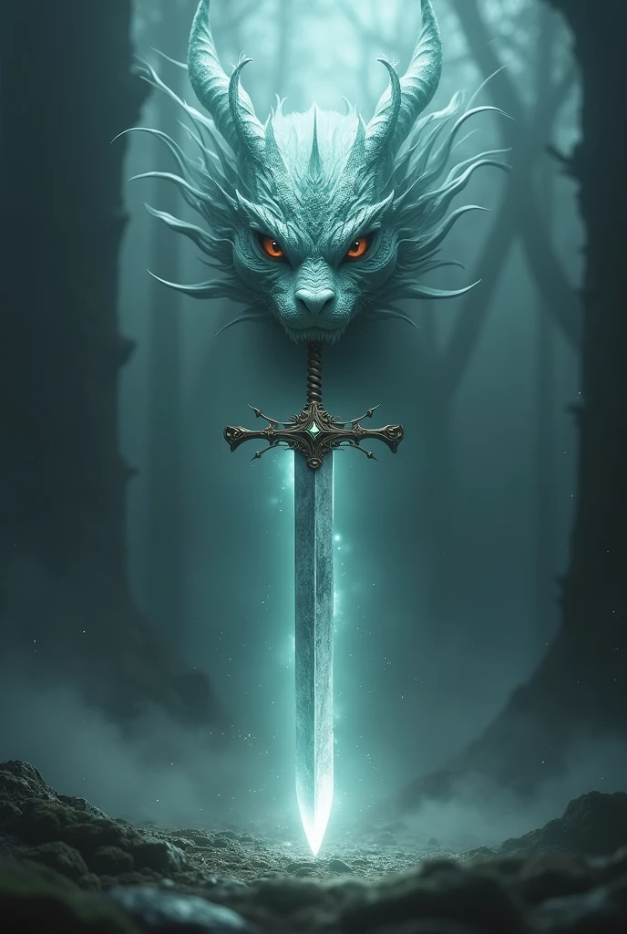 Floating Sword behind it there is a feminine dragon face which emits an aura