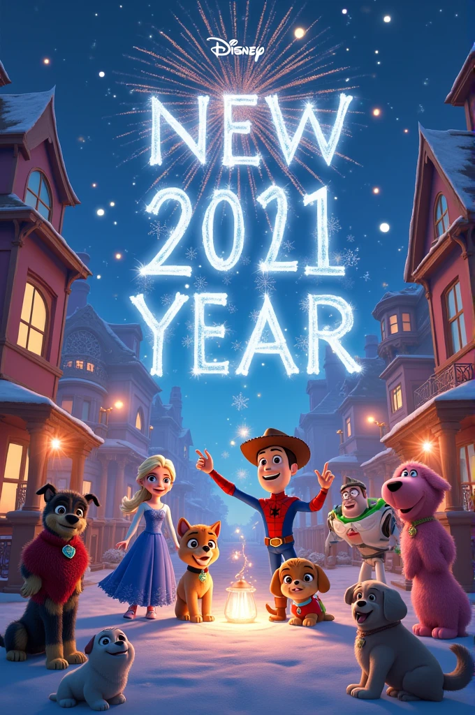 Happy new year with frozen, toy story, buzzlightear, spiderman, dog patrol, Moana and others princess