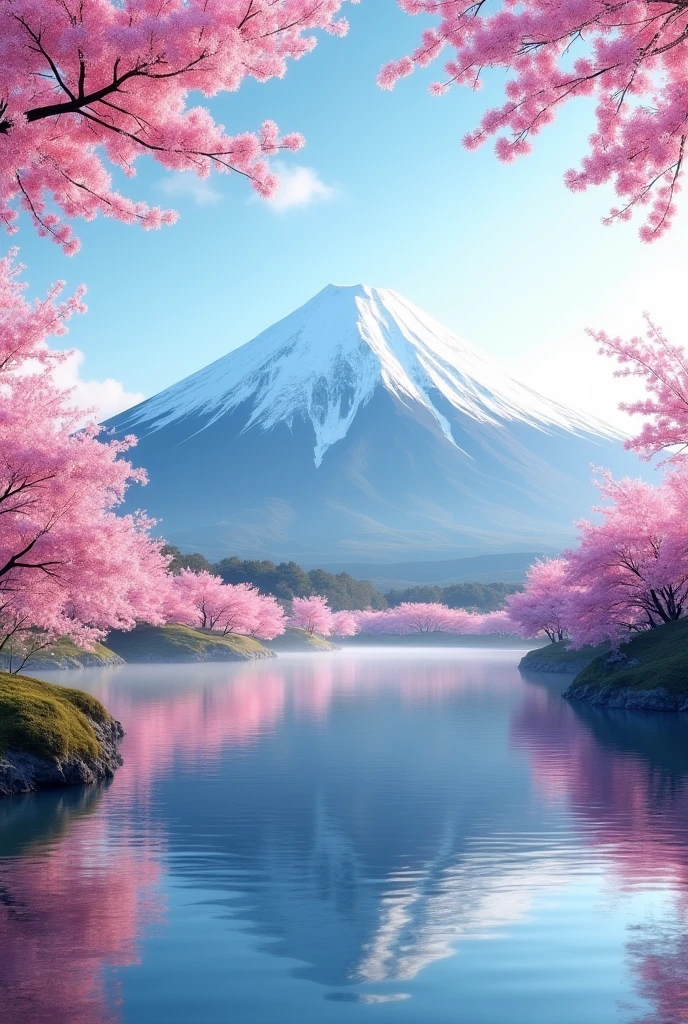 Create a detailed image of Mount Fuji in springtime. The scene should feature Mount Fuji with its snow-capped peak, surrounded by vibrant pink cherry blossoms in full bloom at the base. The sky is a clear, soft blue with gentle sunlight, illuminating the mountain and the blossoms. The foreground should include a calm lake reflecting the mountain and the cherry trees. The atmosphere is serene and peaceful, capturing the fresh beauty of Japan's spring season."
