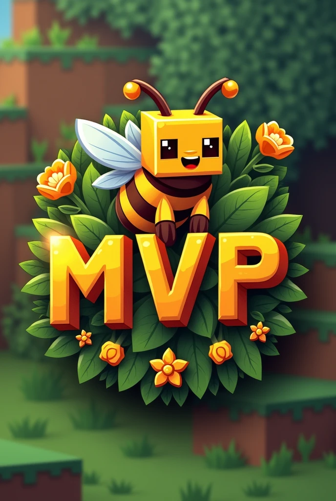 A emblem written "MVP'', with orange-yellow color minecraft theme with a minecraft bee