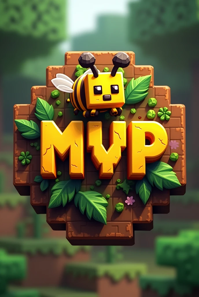 A emblem written "MVP'', with orange-yellow color minecraft theme with a minecraft bee