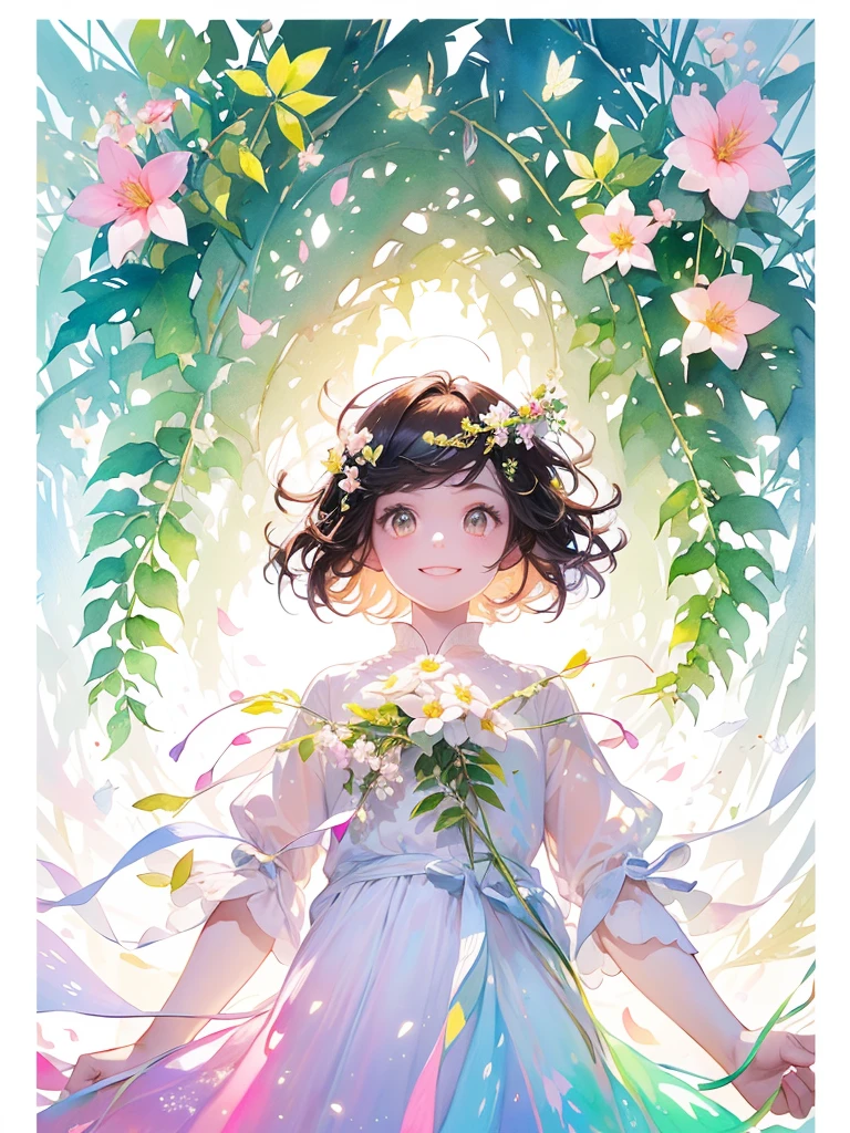 (masterpiece、highest quality、highest quality、Beautiful and beautiful:1.2)、Good anatomy、(Watercolor 1.5)、Composition looking up from a low position、Long Shot、Drawing of a girl with straight short hair、Beautiful smile、Butterfly Fairy Costume、pure white、pure、Charm、looking at the camera、Flowers and leaveint Green Wind、Botanical Art