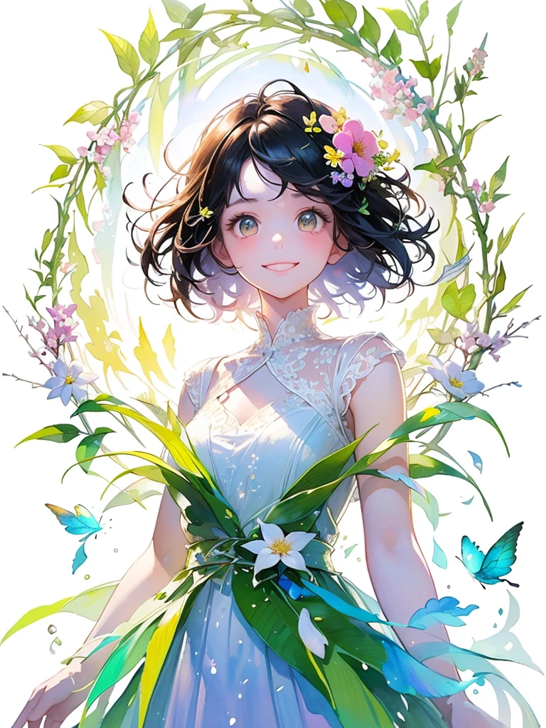 (masterpiece、highest quality、highest quality、Beautiful and beautiful:1.2)、Good anatomy、(Watercolor 1.5)、Composition looking up from a low position、Long Shot、Drawing of a girl with straight short hair、Beautiful smile、Butterfly Fairy Costume、pure white、pure、Charm、looking at the camera、Flowers and leaveint Green Wind、Botanical Art