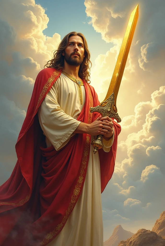 jesus christ have hole in his hand and feets and hold a big gold sword into rock background of kindgom of heaven in white cloud