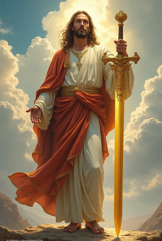 jesus christ have hole in his hand and feets and hold a big gold sword into rock background of kindgom of heaven in white cloud