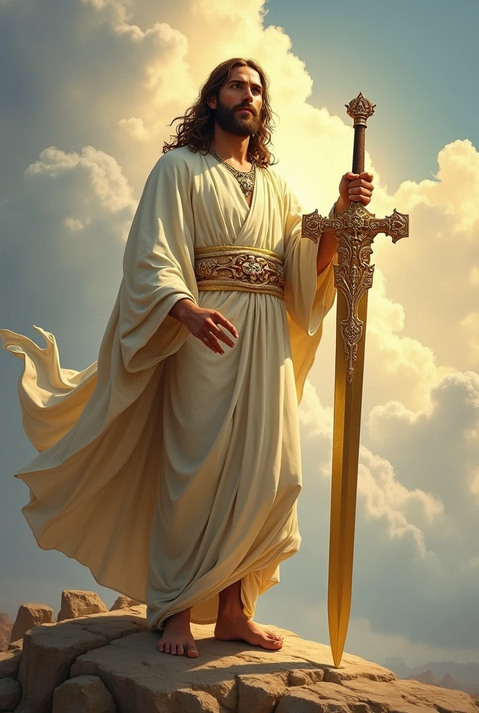 jesus christ have hole in his hand and feets and hold a big gold sword into rock background of kindgom of heaven in white cloud