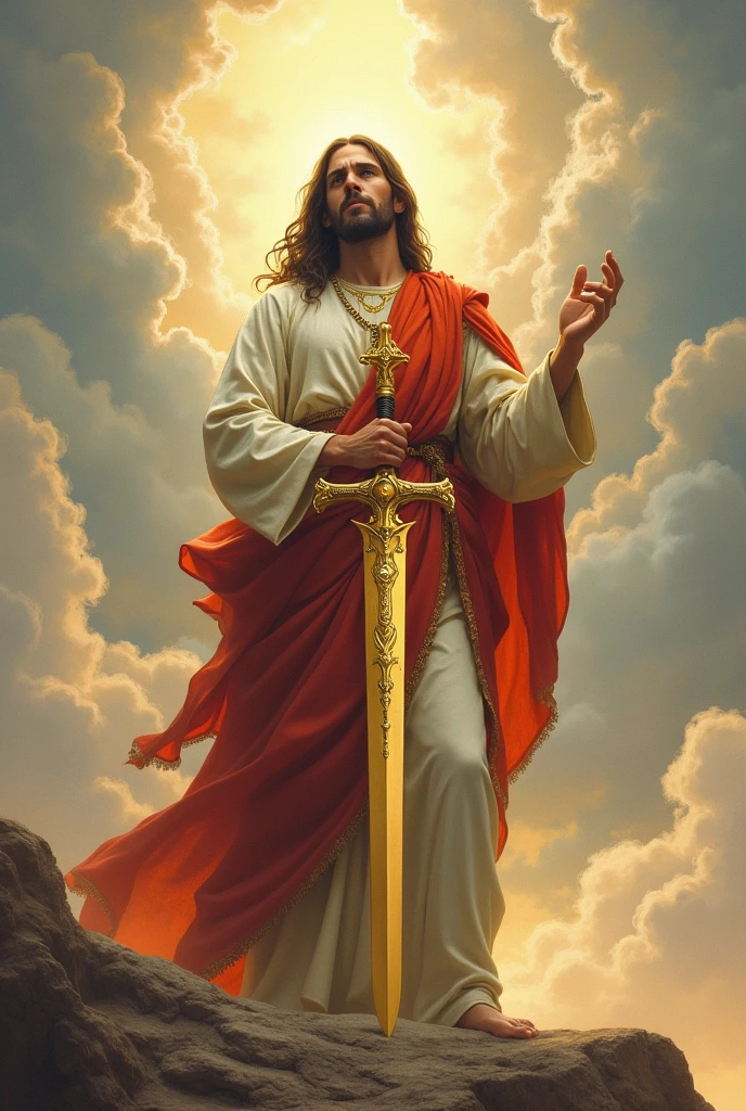jesus christ have hole in his hand and feets and hold a big gold sword into rock background of kindgom of heaven in white cloud