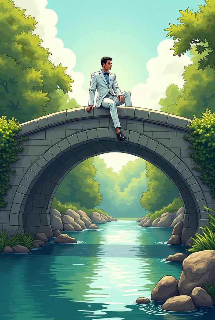 a man in a white suit sitting on a bridge overlooking a river. in comic style.