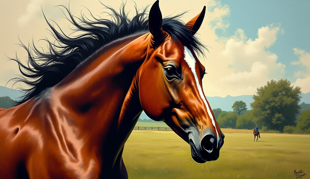 Create random classic masterpieces of Picasso in Ultra-High Definition, 64k resolution oil painting without a frame, using full dimensions of the selected resolution to fit the artwork image, finely detailed to perfection, art-punk, French style, countryside background, art germ, high-octane. A portrait of a young untamed beautiful aggressive thoroughbred brown racehorse, an unreal engine, a master stroke of a legendary brush, a tribute to a legendary artist, super realistic, superhit,