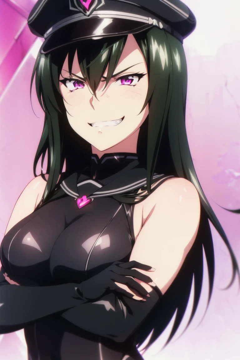 beautiful, masterpiece, ultra detailed, extremely detailed, ultra high res, 8k, beautiful detailed face, anime screencap, heart shaped face woman, (black hair:1.2), long hair, hair between eyes, large breasts, fearless face, sharp face, slant eyes, cat eyes, 170cm tall, adult, perfect proportion, (((black high-leg leotard))), (((dare shoulder))), cleavage, (((thigh boots))), choker, (((military cap))), anime style, ultra detailed beautiful face and eyes, front view, raw phot, incredibly absurdres, Beautiful portrait of cute anime girls, super fine illustration, full-hd, hdr, best aesthetic, distinct, exquisite, masterwork, by famous artist, highers, (((perfect anatomy))), mocking, (((rape face))), (((evil grin))), intense eyes, sadistic, gleaming skin, oil skin, slut face, full-face blush, smirking, mischievous grin, furrowed mouth, both legs, pouty lips, downturned corners, rosy hue, grin widely, cheeky smirk, (((bad-tempered glare))), gloating, crazy smile, scary face, cruel smile, fang, connected teeth,, (((elbow gloves))), (((big connected teeth)), glare, grimace, smirk, (((scowling face))), smile broadly, symmetrical eyes, even eyes, perfect eyes, (((squinting eyes))), deep detailed eyes, shiny clothes, 1girl, solo, smug, smile grimly, (((dimpled smile))), pink eyes, (((upper body shot and standing))), (((laugh))), (((pleasure face))), (((brutality face))), (((scary face))), (((fang))), super detailed skin, official art, production art, top quality, high quality, amazing quality, finely quality, fantastic, professional quality, perfect hands, perfect arms, both arms, two arms, both hands, two hands, cleavage cutout, bare collarbone, 