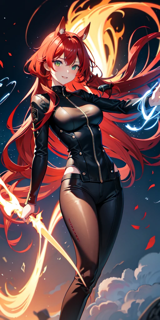 1 person,woman,Medium long hairstyle,Red Hair,Blue Flame, Vortex of flames,wallpaper, Wind景,Depth of written boundary, night, Particles of light, light, Side light, Thighs,****, cloud,Gaze, Large Breasts, Green Eyes, Horse ears, Bright smile,Open your mouth,Horse tail,Wind,Riding a red motorcycle,vehicle,Driving,Straddle,Riders jacket,Riders pants,sunglasses,