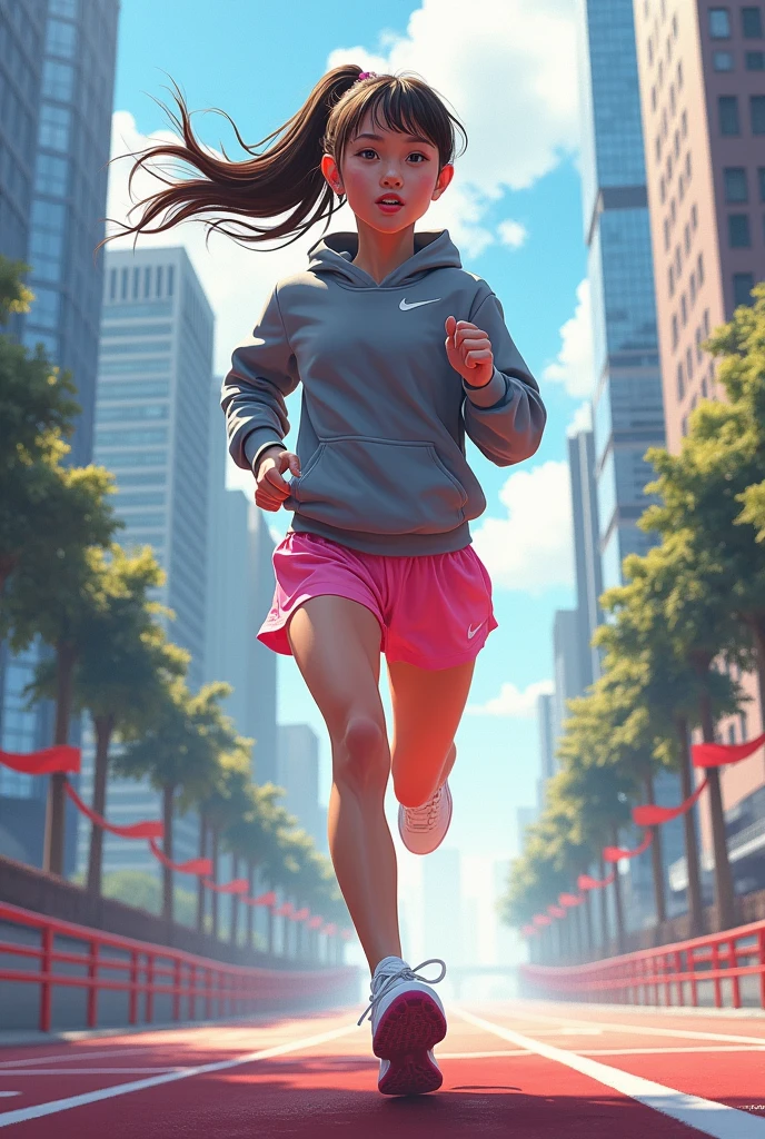1 girl, solo, running, Gray Track Top, pink shorts, ponytail, athletic build, dynamic brushstrokes, fluid movement, capturing the essence of her athleticism and energy, using light colors and soft tones to create a dreamy and ethereal atmosphere, portraying the motion and grace of running, showing the wind blowing her ponytail and clothes, and the scenery of her surroundings.

outdoors, detailed background, Modern metropolis,