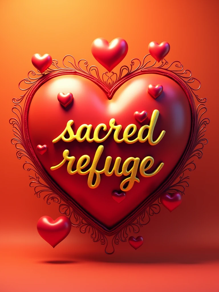 A piece of 9D concept art with the name "Sacred Refuge" in exquisite golden script. The text is surrounded by intricate, vibrant flourishes. A large, matte red heart and several neon red hearts add depth and dimension to the composition. The soft orange background sets the stage for this enchanting and conceptual illustration, masterfully combining vibrant colors, intricate details and 3D rendering to create a truly captivating work of graffiti, embodying affection and feeling.
