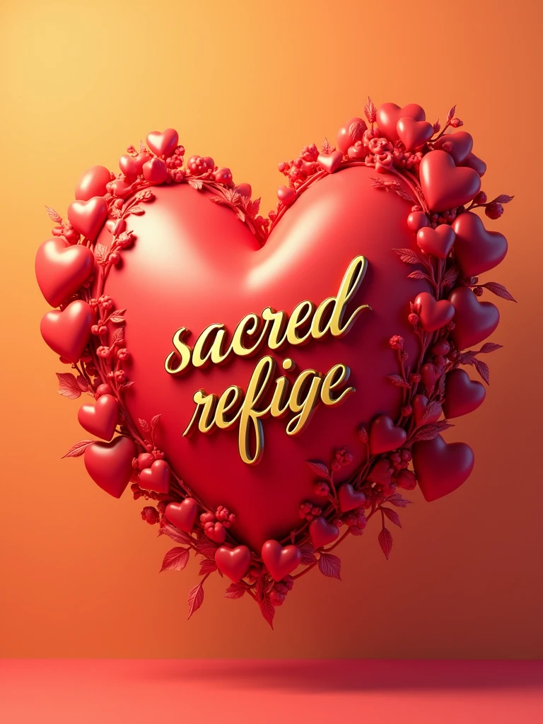 A piece of 9D concept art with the name "Sacred Refuge" in exquisite golden script. The text is surrounded by intricate, vibrant flourishes. A large, matte red heart and several neon red hearts add depth and dimension to the composition. The soft orange background sets the stage for this enchanting and conceptual illustration, masterfully combining vibrant colors, intricate details and 3D rendering to create a truly captivating work of graffiti, embodying affection and feeling.