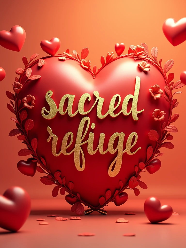A piece of 9D concept art with the name "Sacred Refuge" in exquisite golden script. The text is surrounded by intricate, vibrant flourishes. A large, matte red heart and several neon red hearts add depth and dimension to the composition. The soft orange background sets the stage for this enchanting and conceptual illustration, masterfully combining vibrant colors, intricate details and 3D rendering to create a truly captivating work of graffiti, embodying affection and feeling.