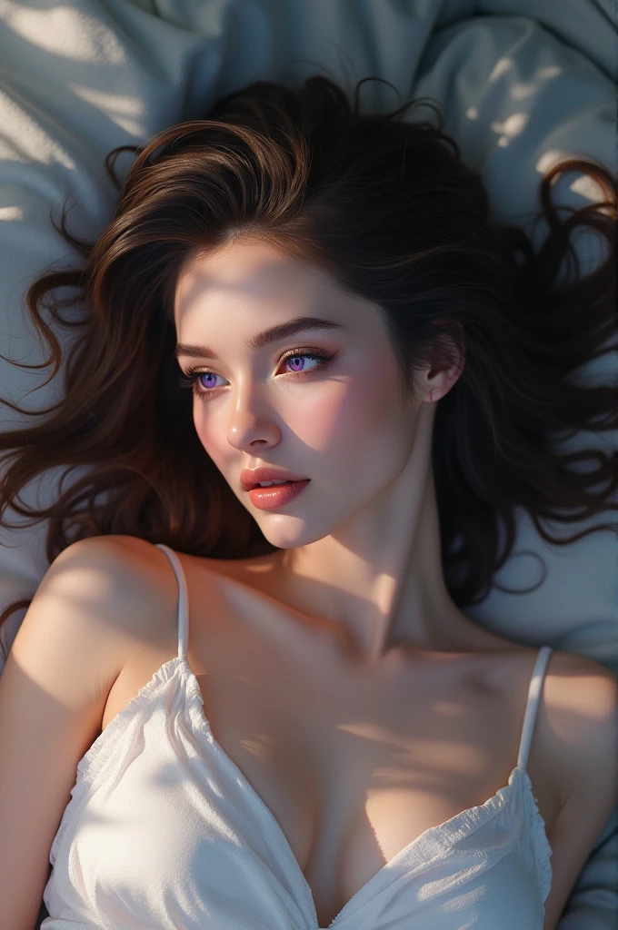 Realistic woman lying down with violet eyes