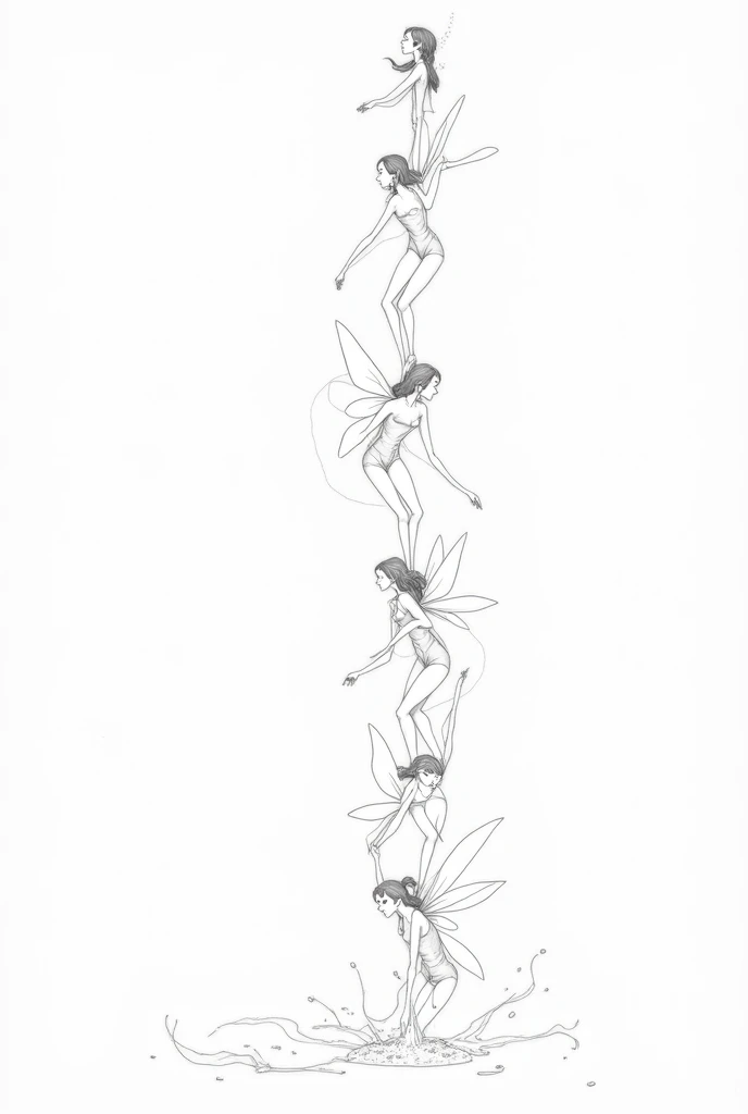 several fairies intertwined forming a column, the drawing is made of contours and in black and white so that we can color the image later. 