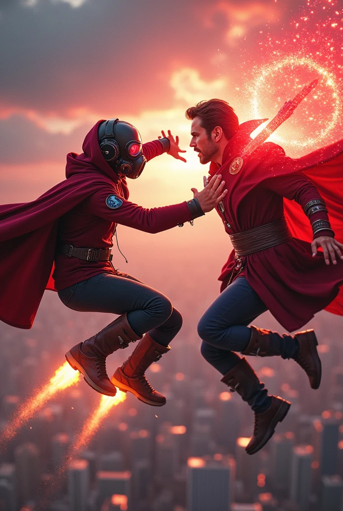 Young Star-lord with red hoodie, headphones, star-lord helmet, gas helmet, covered mouth, round red eyes, Red eyes, magic rings in the hands and rocket boots, Vs. Doctor strange , Fighting, power, fiction, full body, 2 person, magic lasso, hight, fall, fire in boots, poweful spells, fighting, realistic, helmet, mask, red cape, confrontation, punch, gun, flying in the sky, red magic portal, view of the city from above