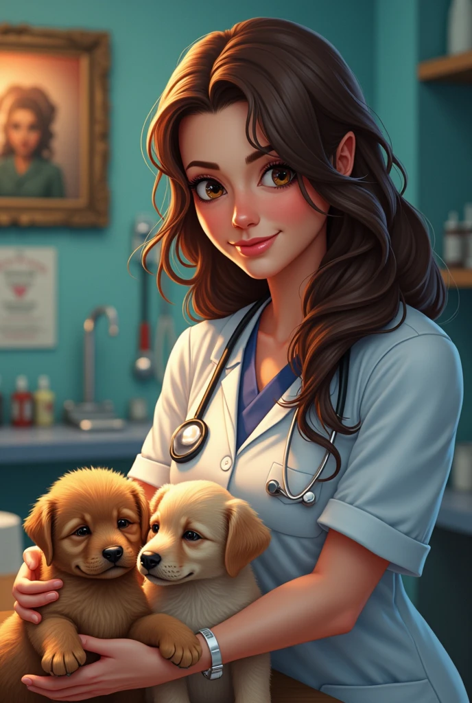 veterinary medicine, with long wavy brown hair, Brown eyes,  with puppies and gambling dens