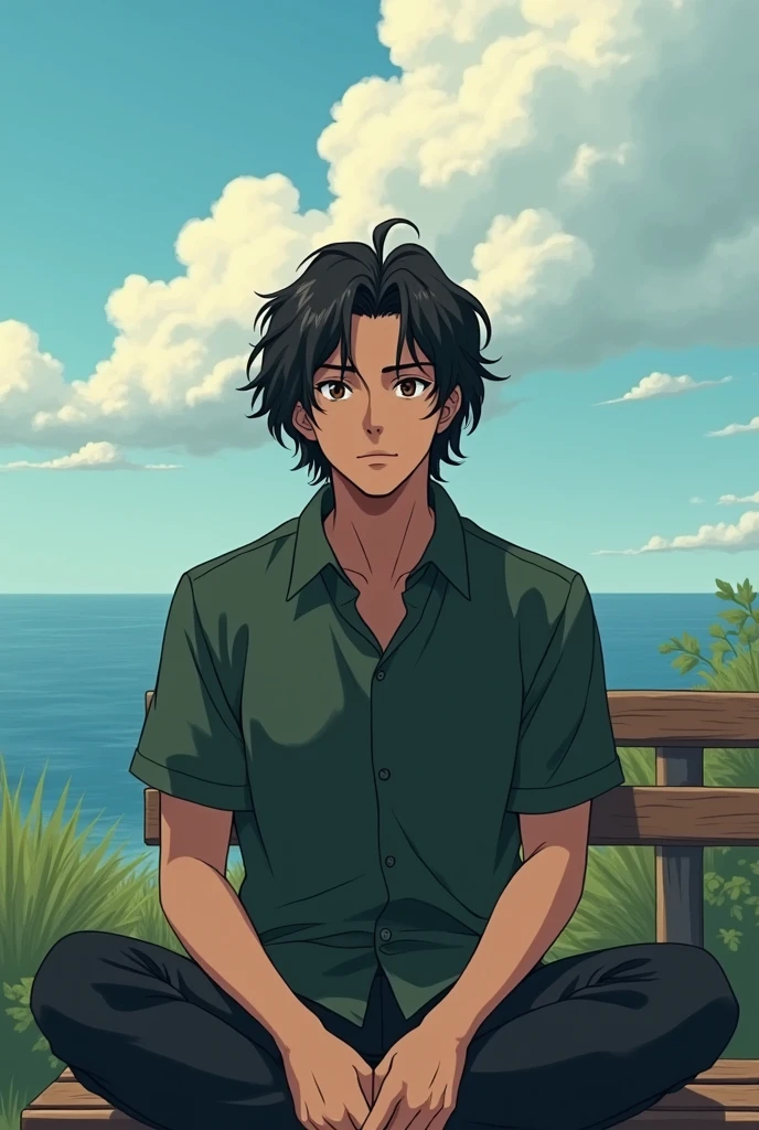 A man of medium height with long wavy hair down to the coast with a dark green shirt and black jeans with a calm look, his eyes are dark brown and his mouth is well drawn sitting on a bench with brown skin without a beard in anime style with longer hair 